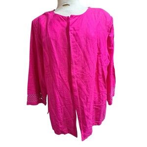 EY Boutique Linen Top Womens 2X Open Front Blazer Tunic Pink Embroidered Sleeves